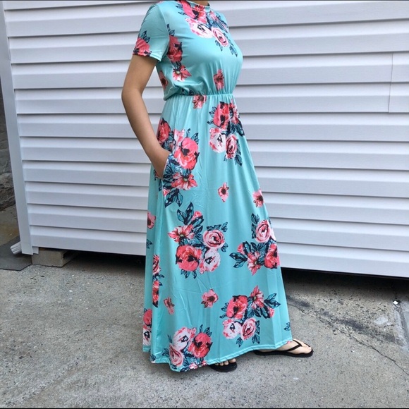 LAST 1: NEW Teal Floral Short Sleeve Maxi Dress - Picture 4 of 6